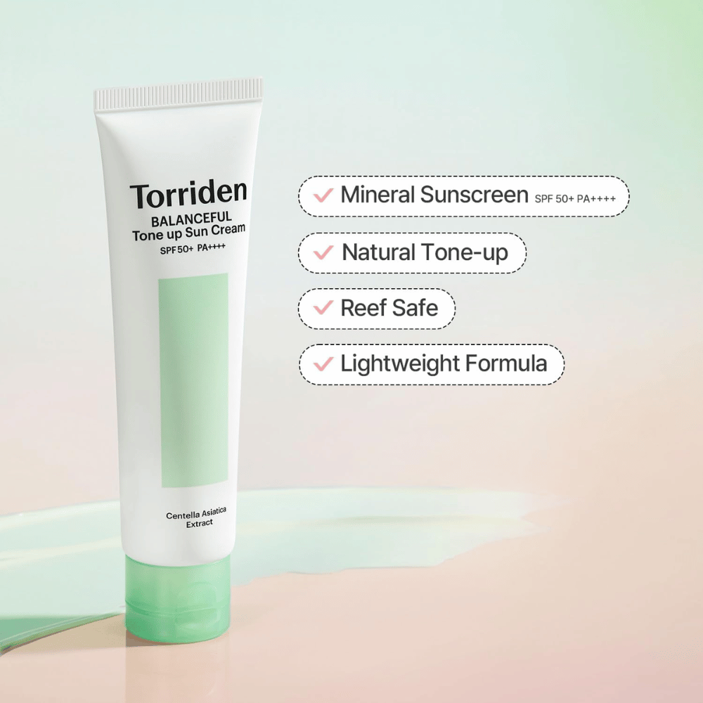 Torriden Balanceful Tone Up Sun Cream SPF50+ PA++++ przedstawiony z naciskiem na mineralną ochronę przeciwsłoneczną, naturalny efekt tone-up, formułę reef safe i lekką konsystencję.