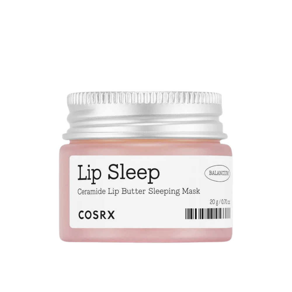 COSRX Lip Sleep Ceramide Lip Butter Sleeping Mask w różowym słoiczku ze srebrną pokrywką. Bezzapachowa, odżywcza maska na noc dla miękkich, nawilżonych ust.