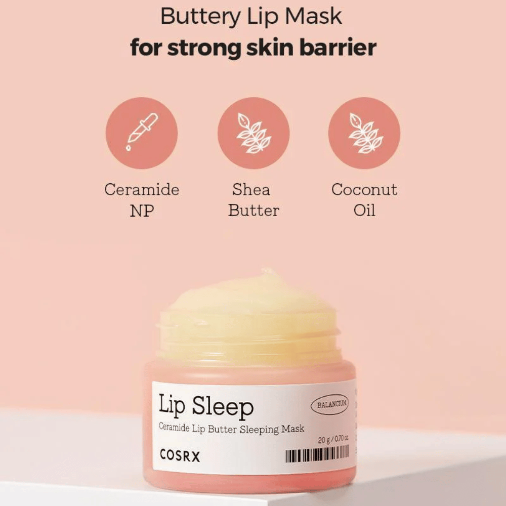 COSRX Lip Sleep z tekstem o składnikach: ceramid NP, masło shea i olej kokosowy – maślana maska na noc, która wzmacnia barierę ochronną ust.
