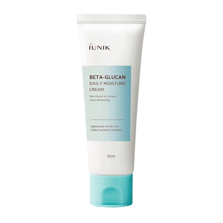 Wyizolowane zdjęcie produktu iUNIK Beta-Glucan Daily Moisture Cream 60 ml. Design tubki i nazwa produktu są wyraźnie widoczne na neutralnym tle, co zapewnia czystą i profesjonalną prezentację produktu.