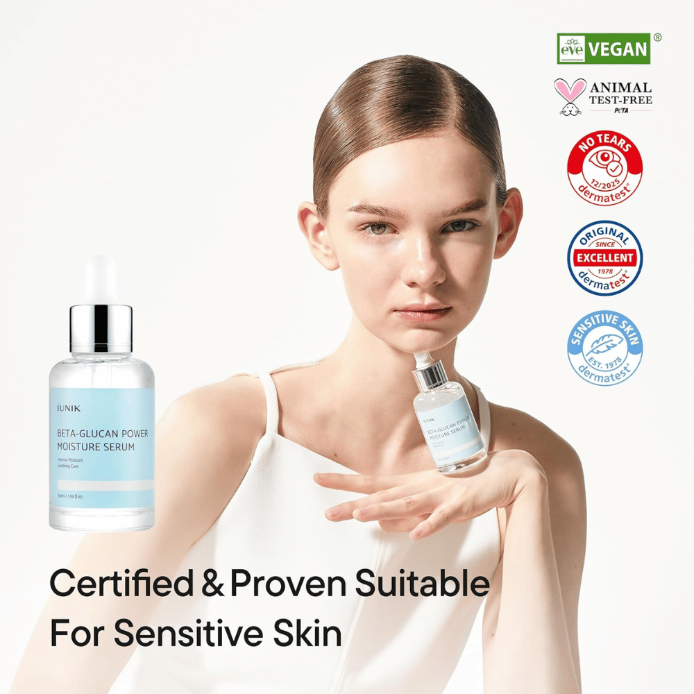 iUNIK Beta-Glucan Power Moisture Serum – wegańskie i cruelty-free serum, które pasuje do skóry wrażliwej i wzmacnia barierę ochronną skóry