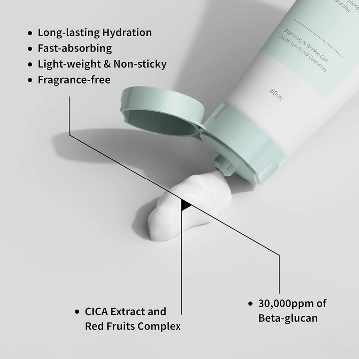 Zbliżenie iUNIK Beta-Glucan Daily Moisture Cream, na którym krem jest wyciskany z tubki. Obraz podkreśla lekką konsystencję produktu i ważne właściwości, takie jak długotrwałe nawilżenie, szybkie wchłanianie, brak lepkiego uczucia, formuła bezzapachowa, beta-glukan oraz kojące składniki, takie jak ekstrakt CICA.