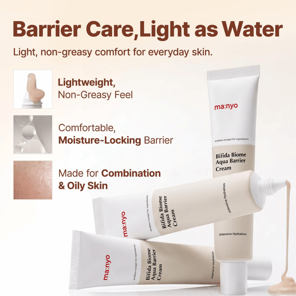 3. Ma:nyo Bifida Biome Aqua Barrier Cream – nawilżający krem barierowy o lekkiej konsystencji do skóry tłustej i mieszanej