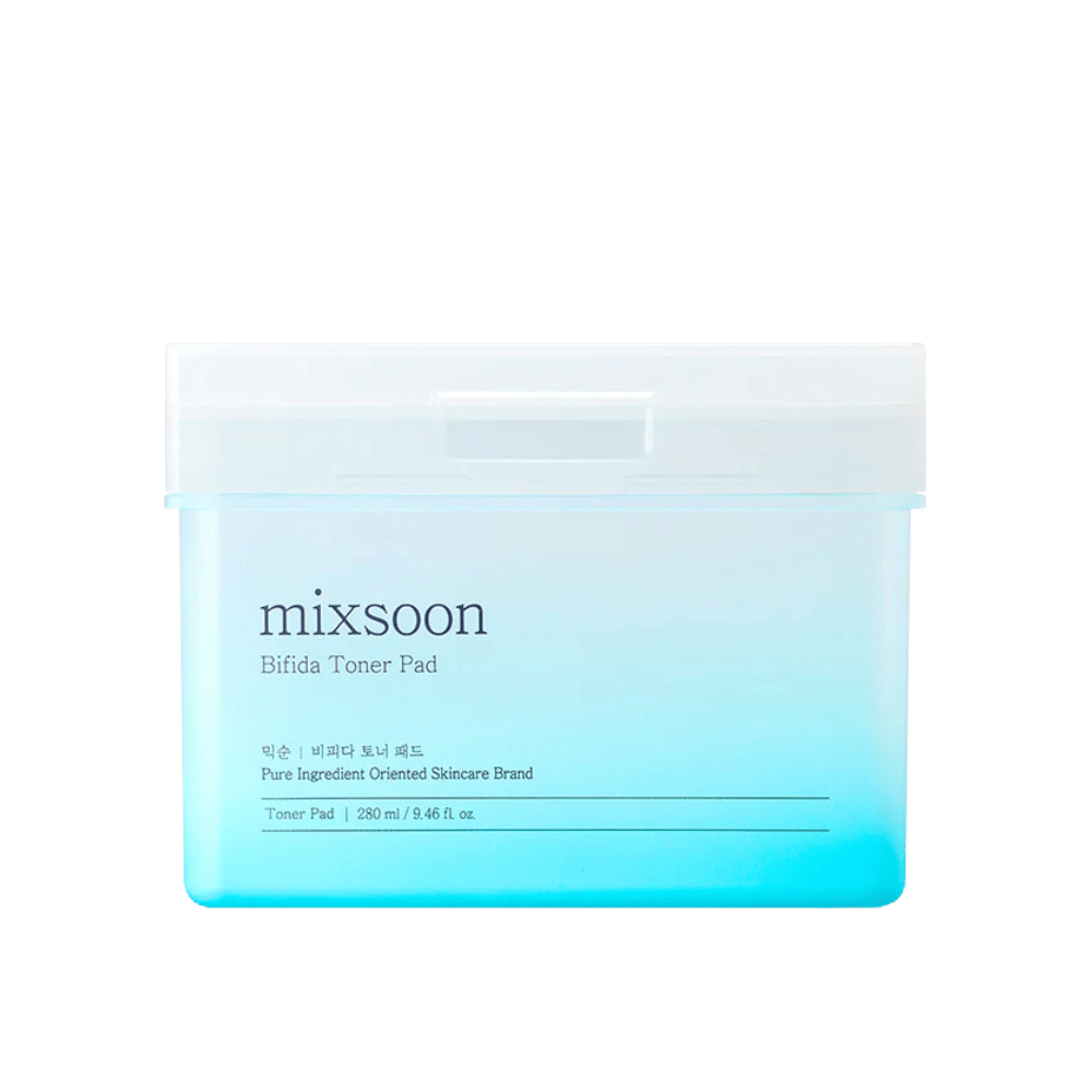 Przezroczysty pojemnik z niebiesko-białym gradientem zawierający płatki tonikowe Bifida. Pojemnik oznaczony jest "mixsoon Bifida Toner Pad" i mieści 280 ml (9,46 fl. oz.) płatków tonikowych, zaprojektowanych do pielęgnacji skóry i efektu nawilżającego.