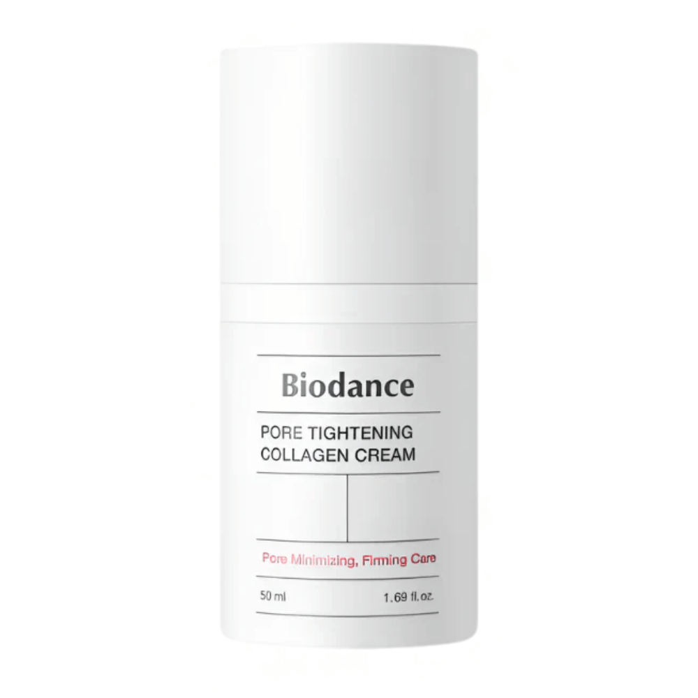 Biodance Pore Tightening Collagen Cream w prostym białym opakowaniu z minimalistycznym designem, 50 ml.