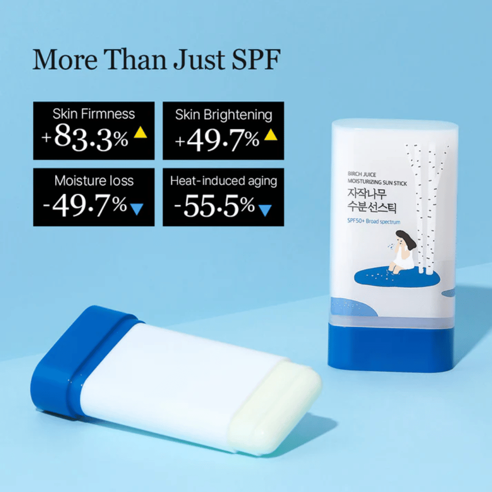 ROUND LAB Birch Juice Sun Stick z SPF50+ jest prezentowany z wynikami poprawionej elastyczności skóry i zmniejszonej utraty wilgoci