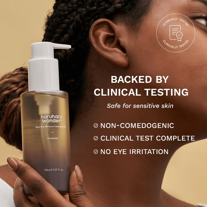 Haruharu Wonder Black Rice Moisture Cleansing Oil 150 ml – klinicznie testowany olejek oczyszczający dla wrażliwej skóry, niekomedogenny i bez podrażnień oczu.