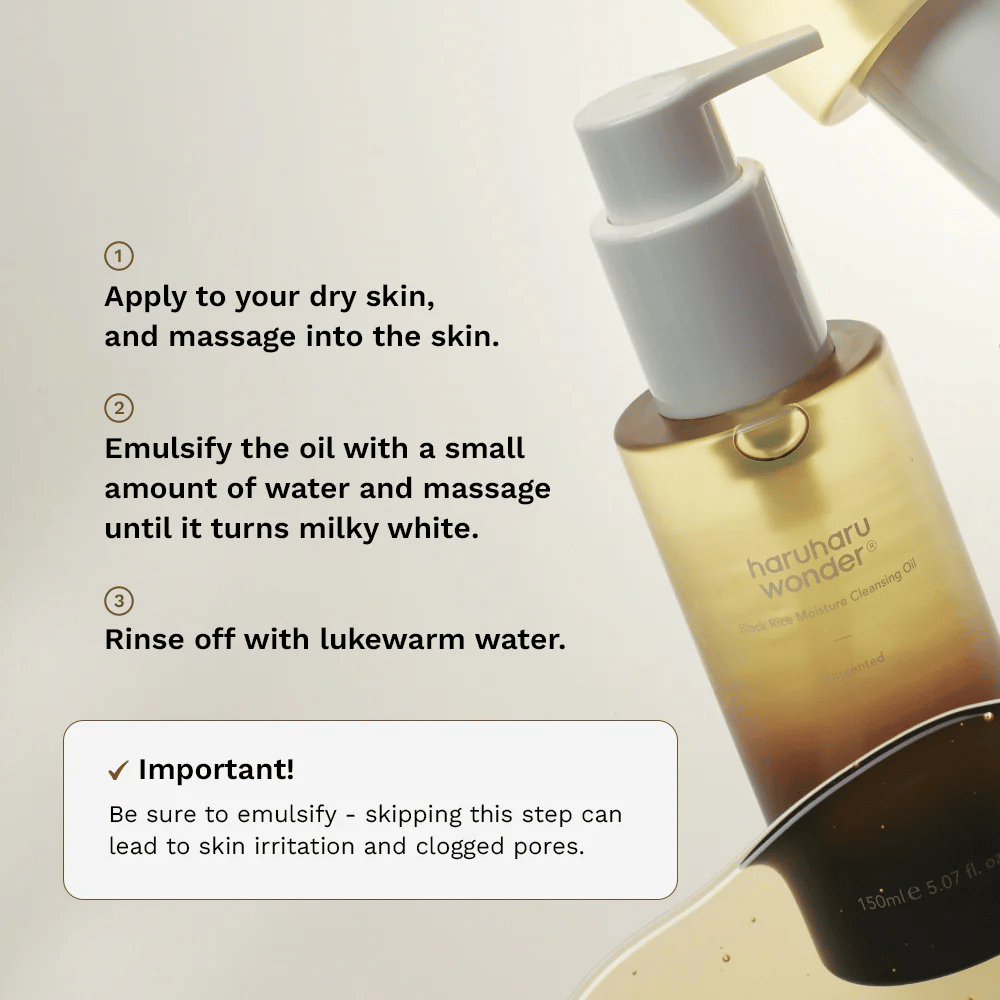Haruharu Wonder Black Rice Moisture Cleansing Oil przewodnik aplikacji – olejek oczyszczający, który masuje się na suchą skórę, emulguje z wodą i spłukuje dla skutecznego usuwania makijażu.