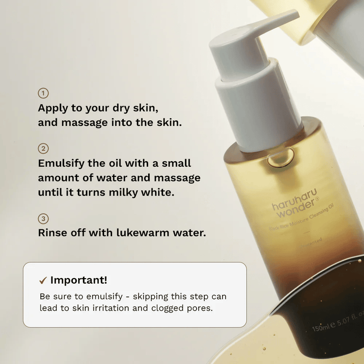 Haruharu Wonder Black Rice Moisture Cleansing Oil przewodnik aplikacji – olejek oczyszczający, który masuje się na suchą skórę, emulguje z wodą i spłukuje dla skutecznego usuwania makijażu.