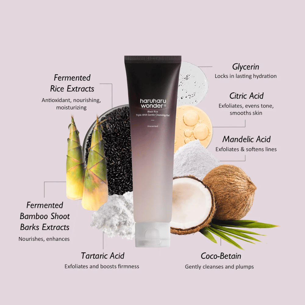 Haruharu Wonder Black Rice Triple AHA Gentle Cleansing Gel z AHA, czarnym ryżem, gliceryną i fermentowanym ekstraktem z bambusa