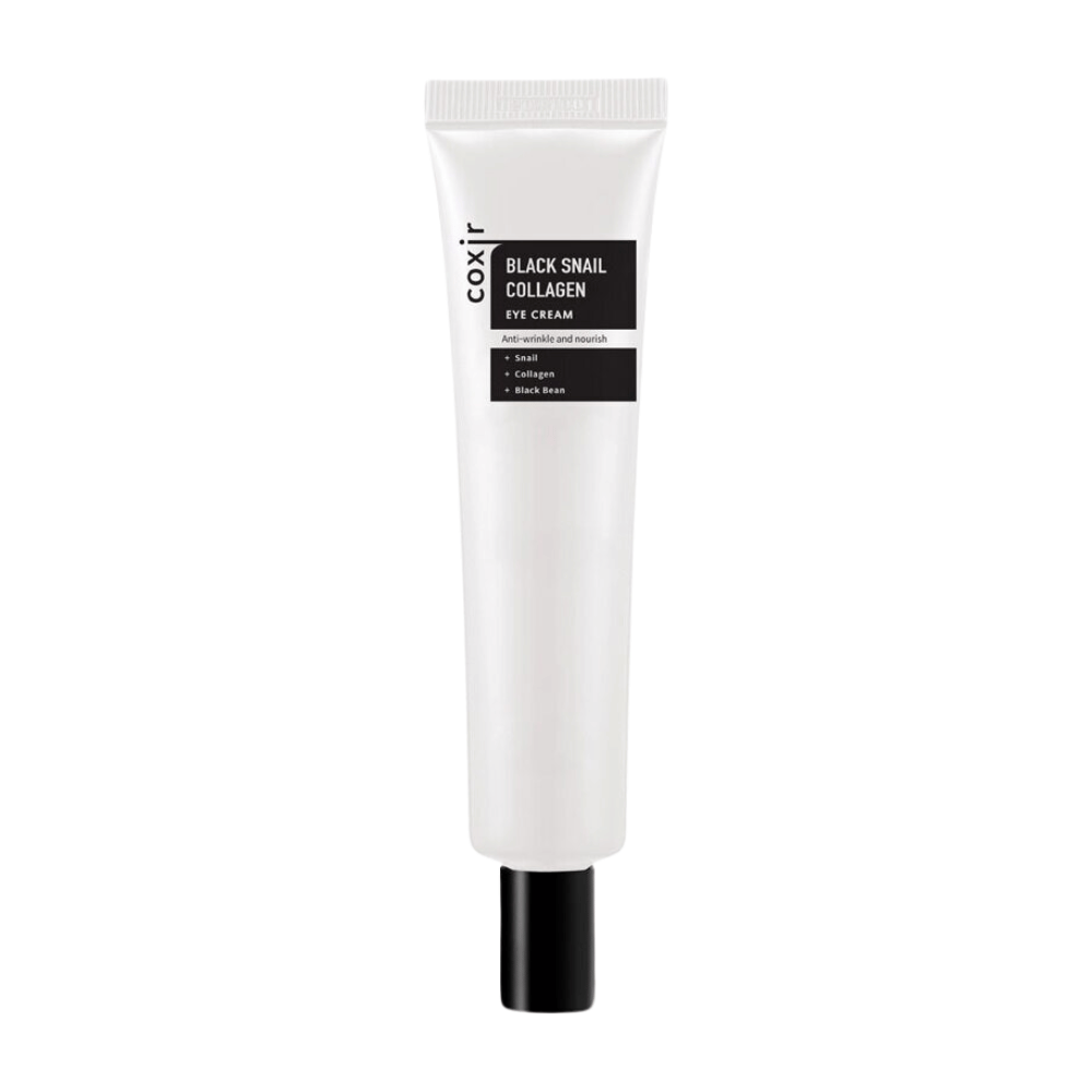 Obrazek przedstawia tubkę "Black Snail Collagen Eye Cream", kremu pod oczy, który zawiera składniki takie jak ekstrakt ze ślimaka, kolagen i czarna fasola. Te składniki są znane ze swoich właściwości przeciwzmarszczkowych i odżywczych. Produkt jest zaprojektowany, aby nawilżać i pielęgnować delikatną skórę wokół oczu.