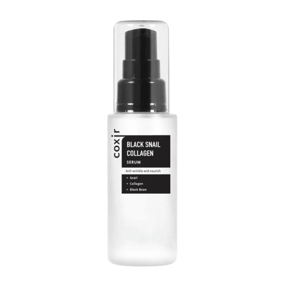 Obrazek przedstawia butelkę "Black Snail Collagen Serum". Produkt przeznaczony jest do pielęgnacji skóry, ma właściwości przeciwzmarszczkowe i odżywcze. Wyróżnione składniki to ekstrakt ze ślimaka, kolagen i czarna fasola.
