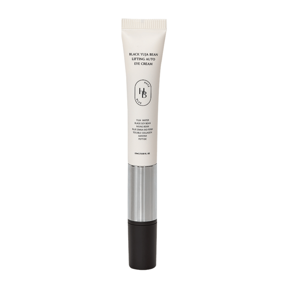 Zdjęcie produktu HEVE BLUE Black Yuja Bean Lifting Auto Eye Cream – tubka z białą górą, srebrnym środkiem i czarnym aplikatorem. Tekst na opakowaniu wymienia składniki takie jak woda z yuja i czarna soja.