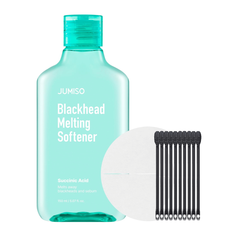Zdjęcie produktu JUMISO Blackhead Melting Softener Special Set. Zawiera butelkę, płatki i patyczki do skutecznego leczenia zaskórników.