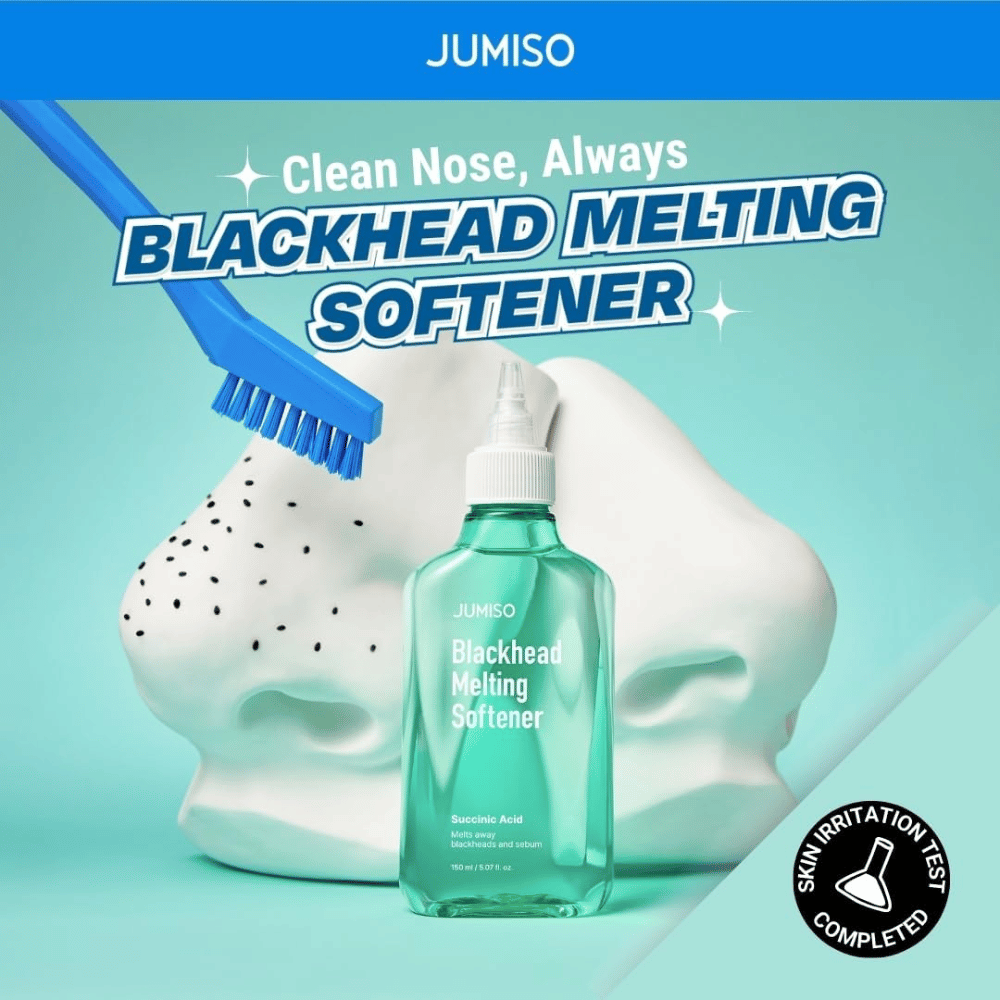JUMISO Blackhead Melting Softener z pędzlem na tle białego modelu nosa. Tekst: „Czysty Nos, Zawsze”. Klinicznie testowany pod kątem podrażnień skóry.