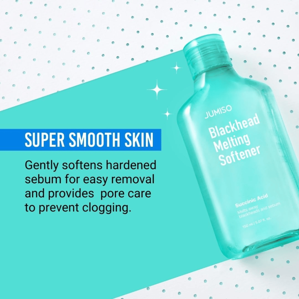 JUMISO Blackhead Melting Softener prezentowany na turkusowym tle. Tekst podkreśla, że produkt zmiękcza sebum i zapobiega zatykaniu porów.