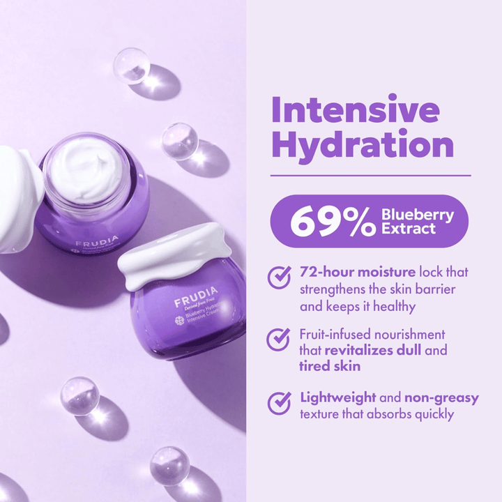 FRUDIA Blueberry Hydrating Intensive Cream z intensywnym nawilżeniem, 69% ekstraktem z jagód i kremową konsystencją dla suchej i odwodnionej skóry