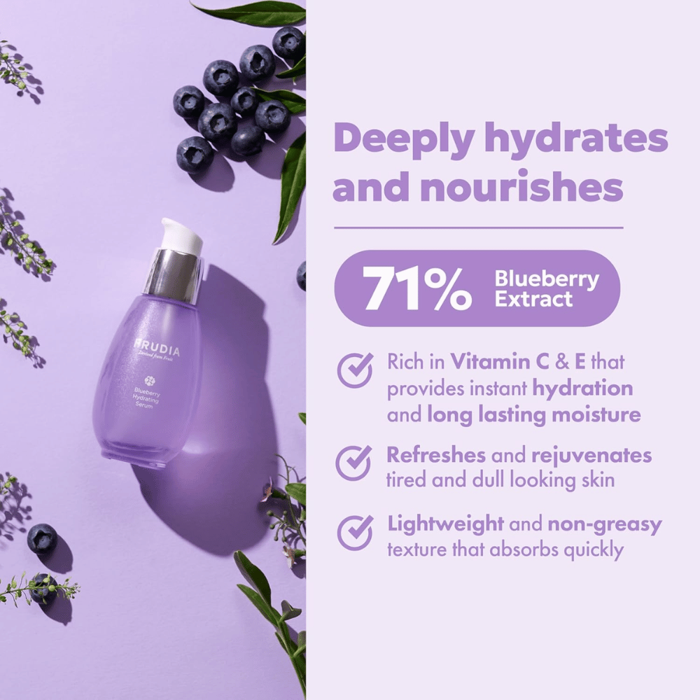 FRUDIA Blueberry Hydrating Serum z 71% ekstraktem z jagód, który zapewnia intensywne nawilżenie, długotrwałą wilgoć, lekką konsystencję i świeży blask dla suchej skóry.