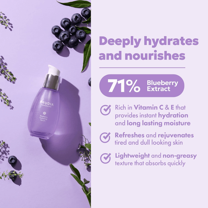 FRUDIA Blueberry Hydrating Serum z 71% ekstraktem z jagód, który zapewnia intensywne nawilżenie, długotrwałą wilgoć, lekką konsystencję i świeży blask dla suchej skóry.