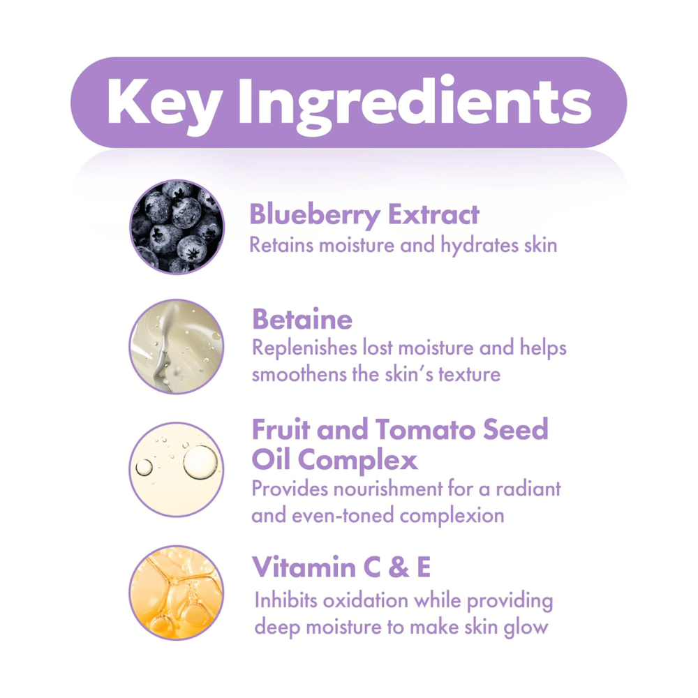 Kluczowe składniki w FRUDIA Blueberry Hydrating Serum z ekstraktem z jagód, betainą, kompleksem olejów z nasion oraz witaminami C i E dla nawilżonej i promiennej skóry.