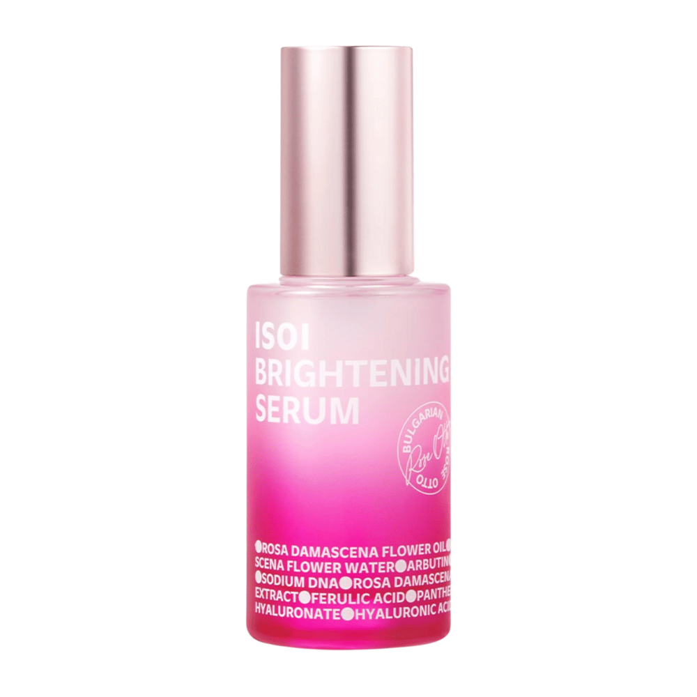 ISOI Brightening Serum 35 ml, rozświetlające serum do twarzy z Rose PDRN i arbutyną w różowej szklanej butelce z metalicznie różową zakrętką na białym tle.