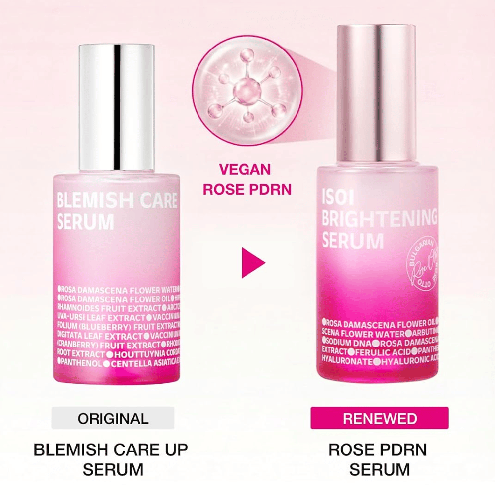 ISOI Brightening Serum z wegańskim Rose PDRN. Porównanie oryginału Blemish Care Up Serum i zaktualizowanej różowej butelki serum.