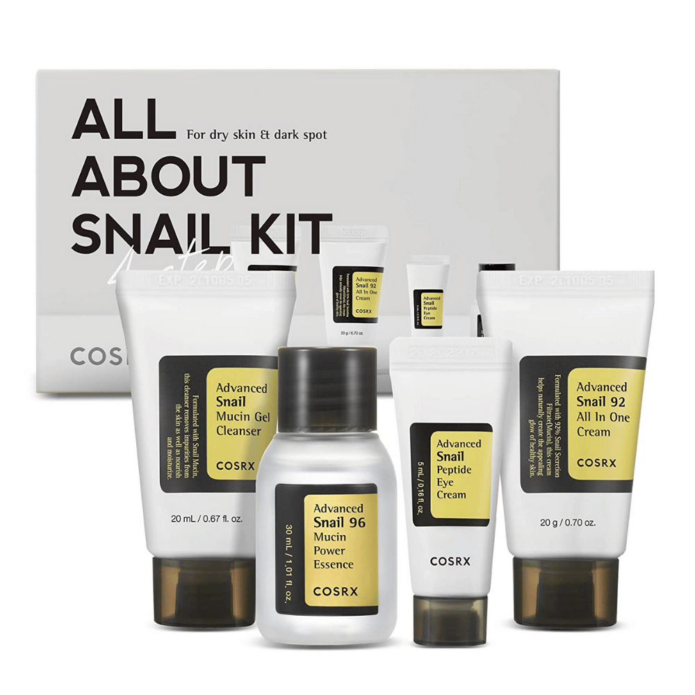 COSRX All About Snail Kit – koreańskie pudełko do pielęgnacji skóry ze Snail Mucin Cleanser, Essence, Eye Cream i All In One Cream do nawilżania i regeneracji.