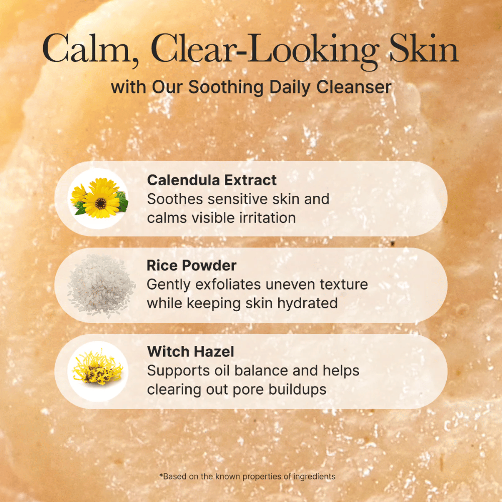 Arencia Calendula Rice Mochi Cleanser z składnikami takimi jak nagietek, puder ryżowy i oczar wirginijski – łagodzi, złuszcza i równoważy skórę.
