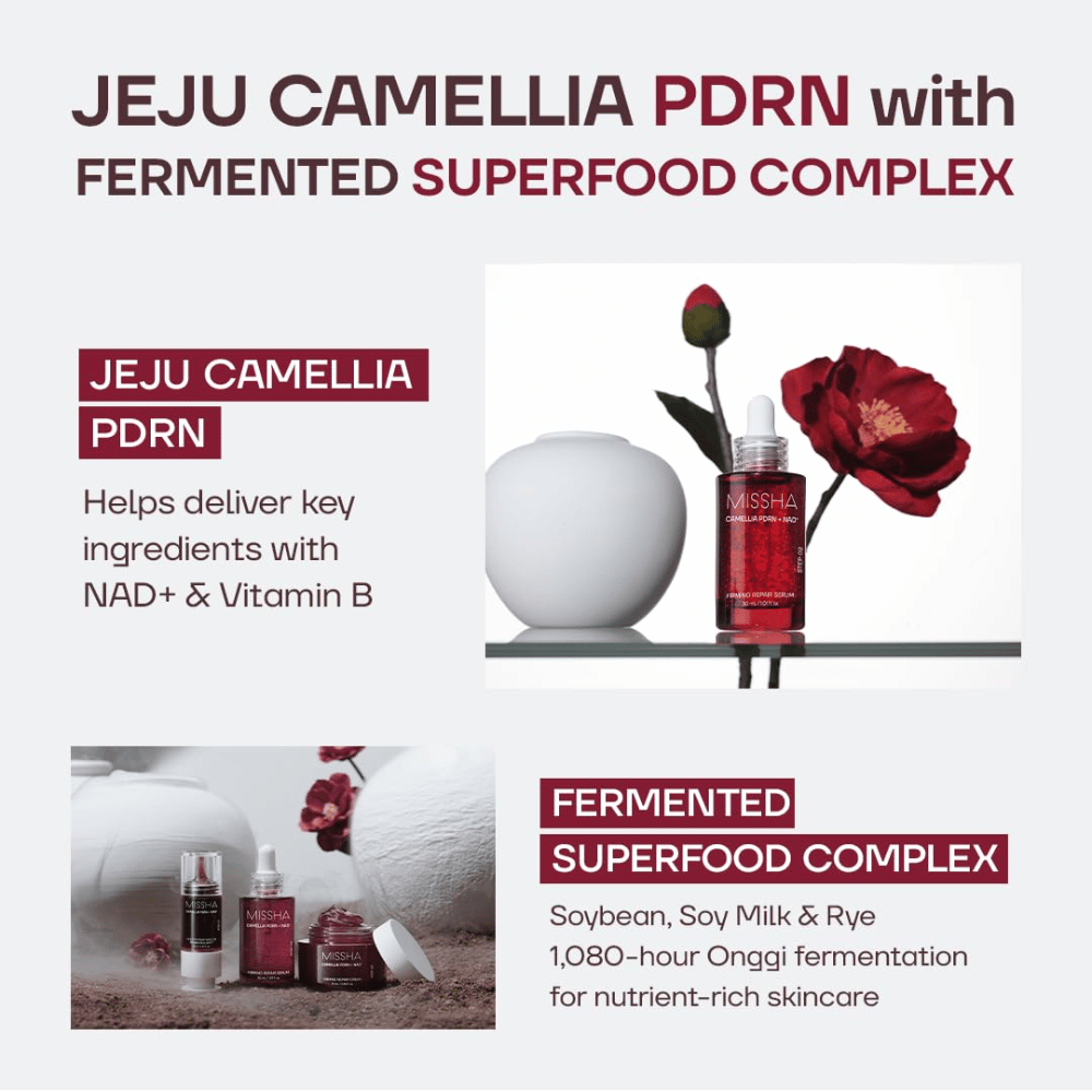 2. MISSHA Camellia PDRN NAD+ Firming Repair Serum – serum z kamelią z Jeju oraz fermentowanymi składnikami, takimi jak soja i żyto