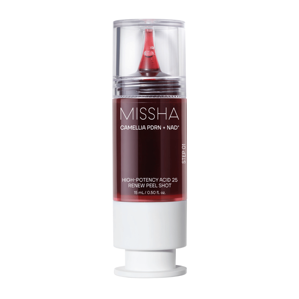 6. MISSHA Camellia PDRN NAD+ High-Potency Acid 25 Renew Peel Shot 15 ml – peeling złuszczający w czerwono-białym opakowaniu
