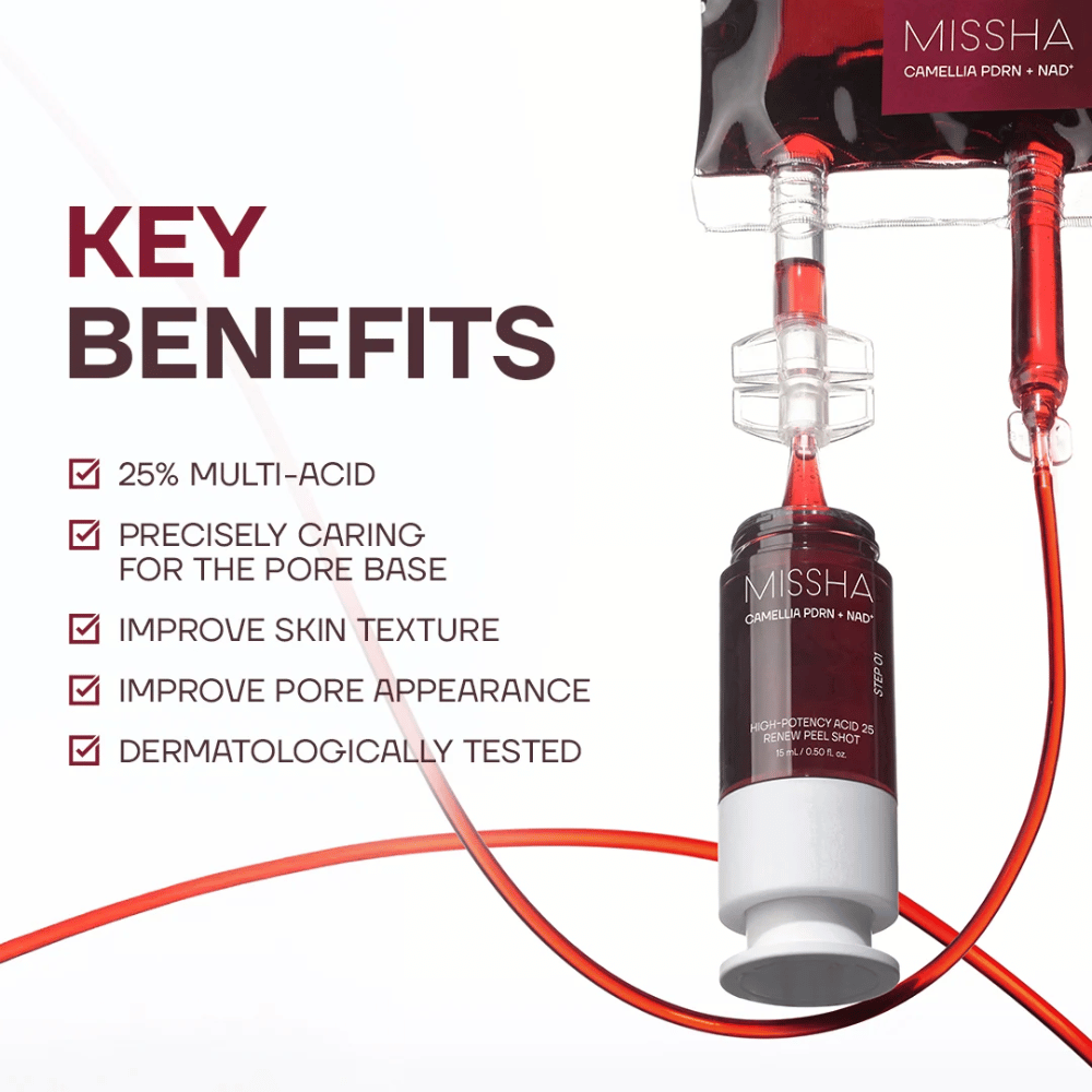 3. MISSHA Camellia PDRN NAD+ High-Potency Acid 25 Renew Peel Shot – złuszczająca pielęgnacja twarzy dla gładszej struktury skóry i mniej widocznych porów