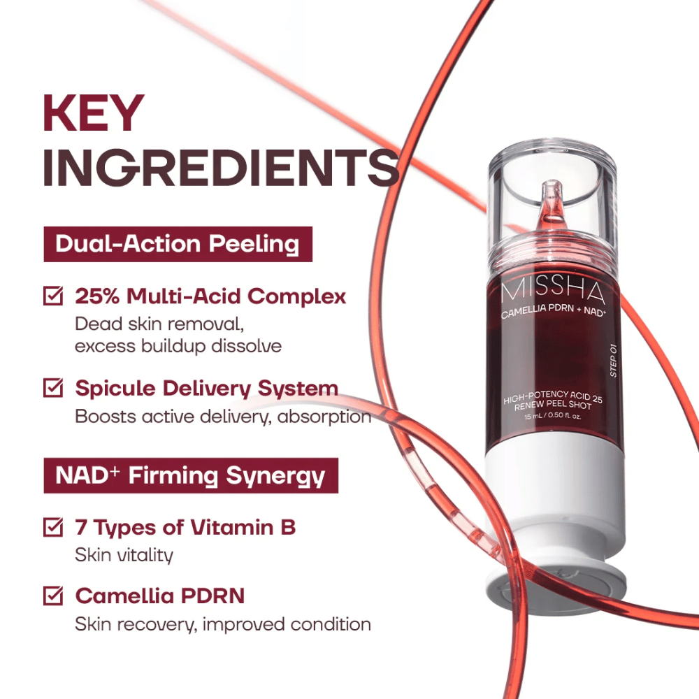 2. MISSHA Camellia PDRN NAD+ High-Potency Acid 25 Renew Peel Shot – peeling z 25% kompleksem kwasów, PDRN i NAD+