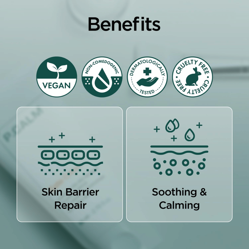 Grafika poglądowa podkreślająca zalety produktu, takie jak wegańska formuła, non-comedogenic, testowany dermatologicznie oraz cruelty-free. Nacisk położono na regenerację bariery skórnej oraz kojące działanie dla skóry wrażliwej.