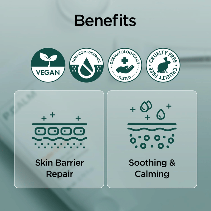 Grafika poglądowa podkreślająca zalety produktu, takie jak wegańska formuła, non-comedogenic, testowany dermatologicznie oraz cruelty-free. Nacisk położono na regenerację bariery skórnej oraz kojące działanie dla skóry wrażliwej.