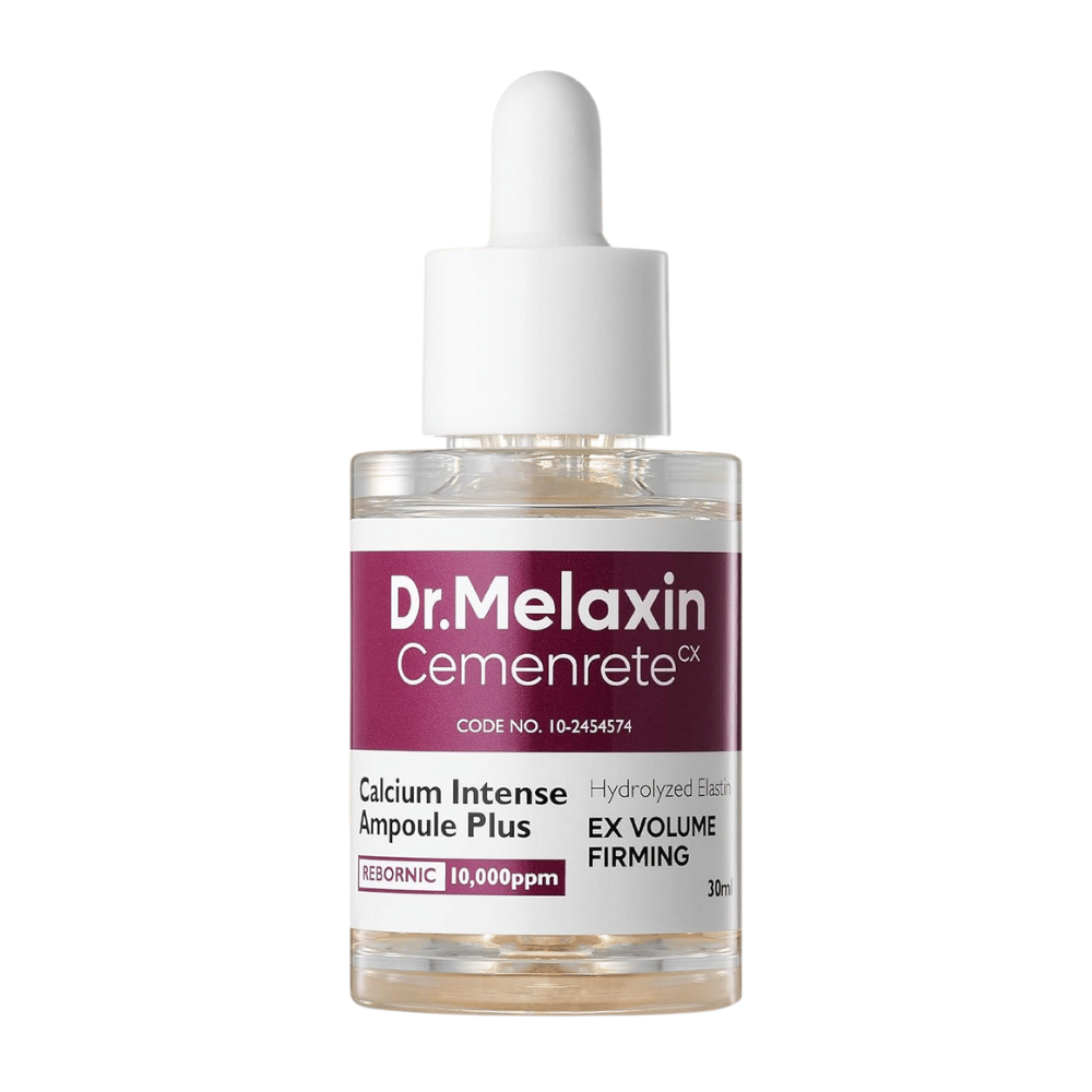 Zdjęcie produktu Dr. Melaxin Cemenrete Calcium Intense Ampoule Plus w szklanej butelce z pipetą, koreańska ampułka przeciwstarzeniowa, która wzmacnia strukturę i elastyczność skóry.