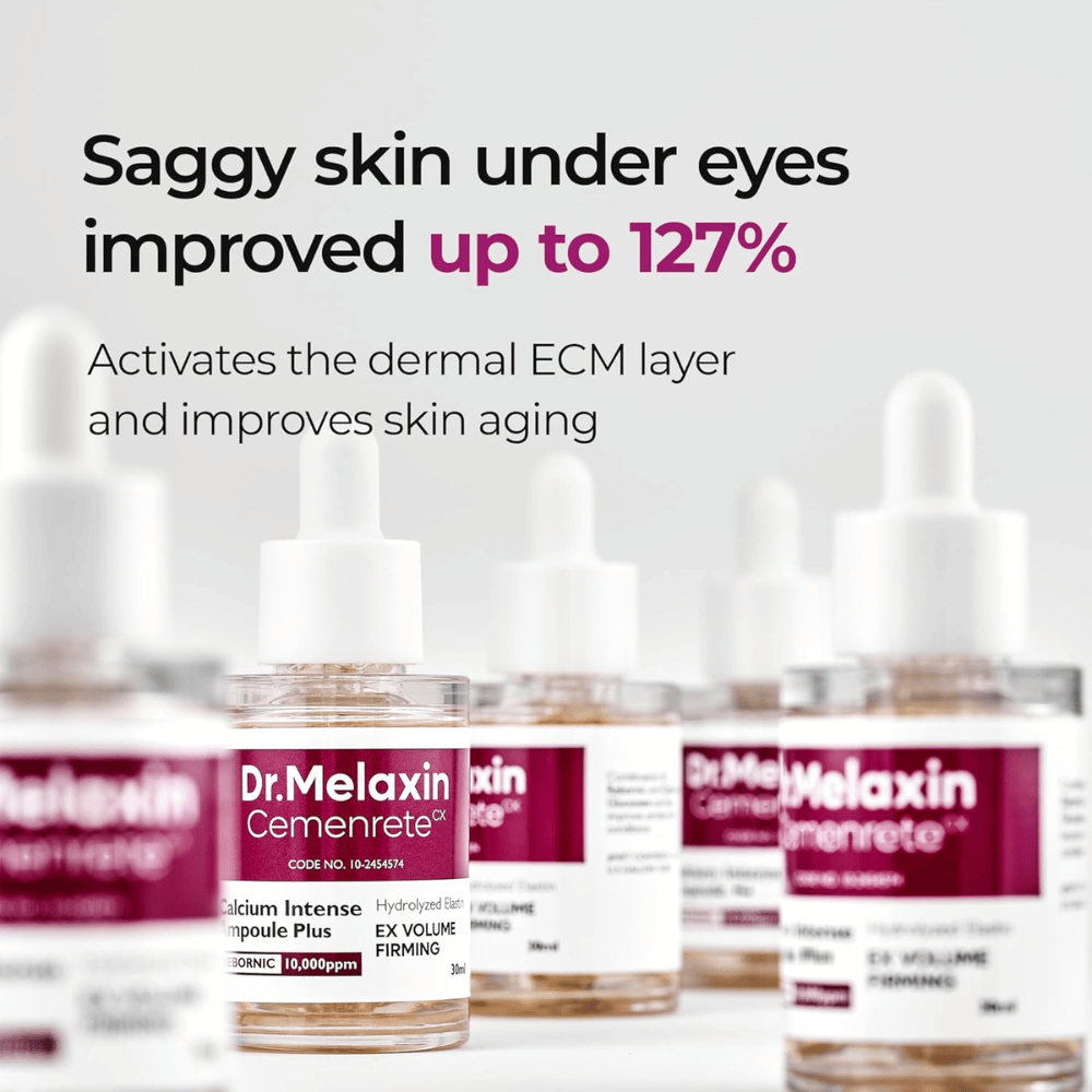 Dr. Melaxin Cemenrete Calcium Intense Ampoule Plus pokazuje się z naciskiem na poprawę zwiotczałej skóry pod oczami, co aktywuje warstwę ECM skóry i wspiera działanie przeciwstarzeniowe.