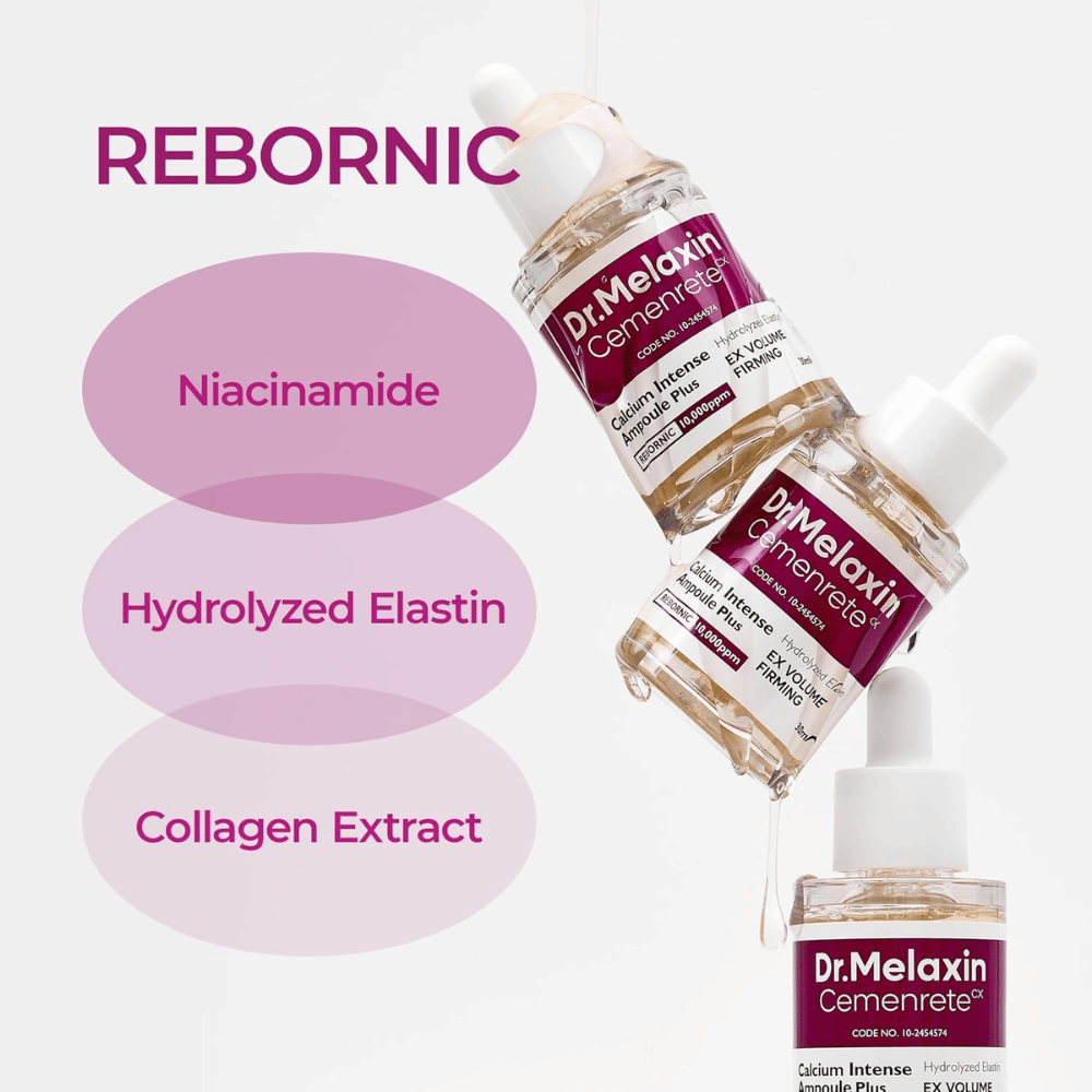 Dr. Melaxin Cemenrete Calcium Intense Ampoule Plus z niacynamidem, zhydrolizowanym elastyną i ekstraktem kolagenowym, opracowany dla jędrniejszej skóry i zwiększonej elastyczności.
