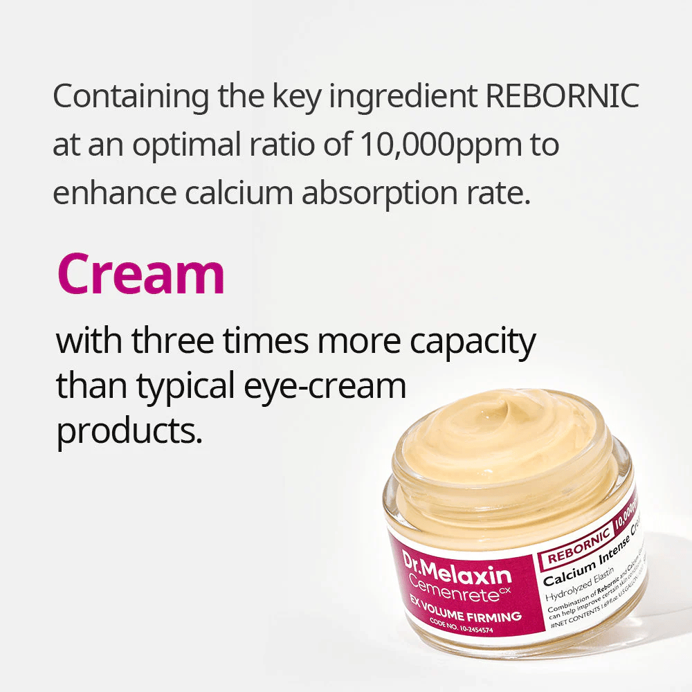 Dr.Melaxin Cemenrete Calcium Intense Cream z infografiką o Rebornic 10 000 ppm, krem do twarzy poprawiający wchłanianie wapnia i elastyczność skóry.