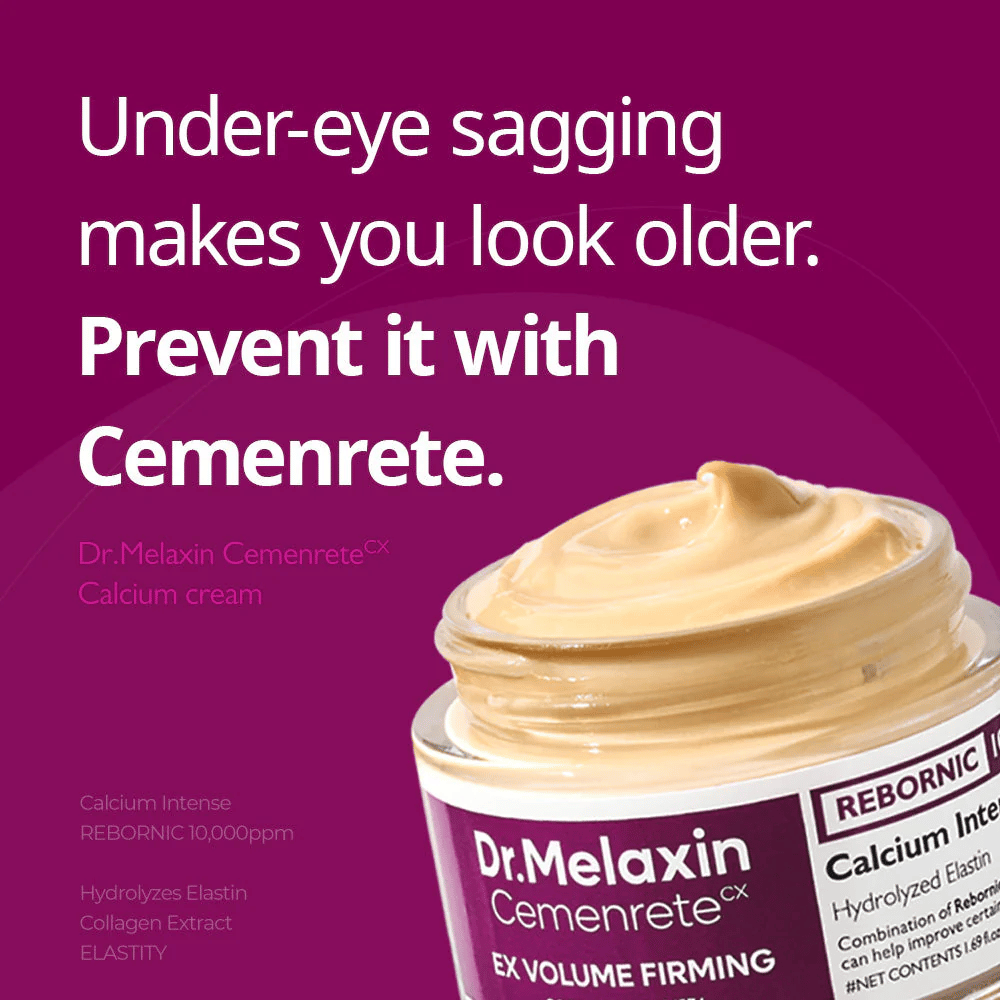 Dr.Melaxin Cemenrete Calcium Intense Cream z tekstem o ujędrnianiu pod oczami, ilustruje skupienie kremu na jędrności, objętości i zapobieganiu wiotczeniu skóry.