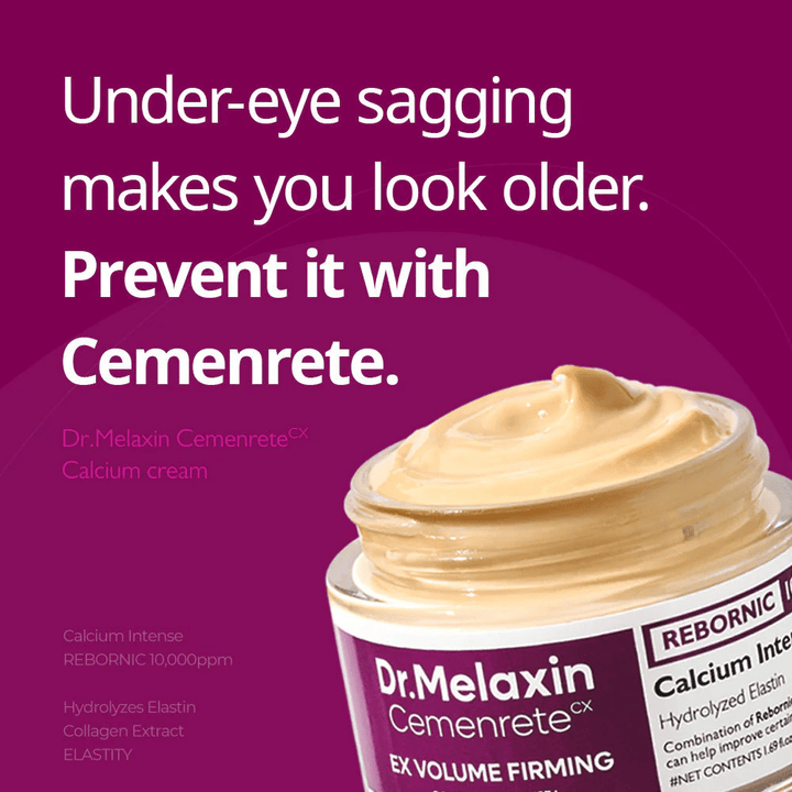 Dr.Melaxin Cemenrete Calcium Intense Cream z tekstem o ujędrnianiu pod oczami, ilustruje skupienie kremu na jędrności, objętości i zapobieganiu wiotczeniu skóry.