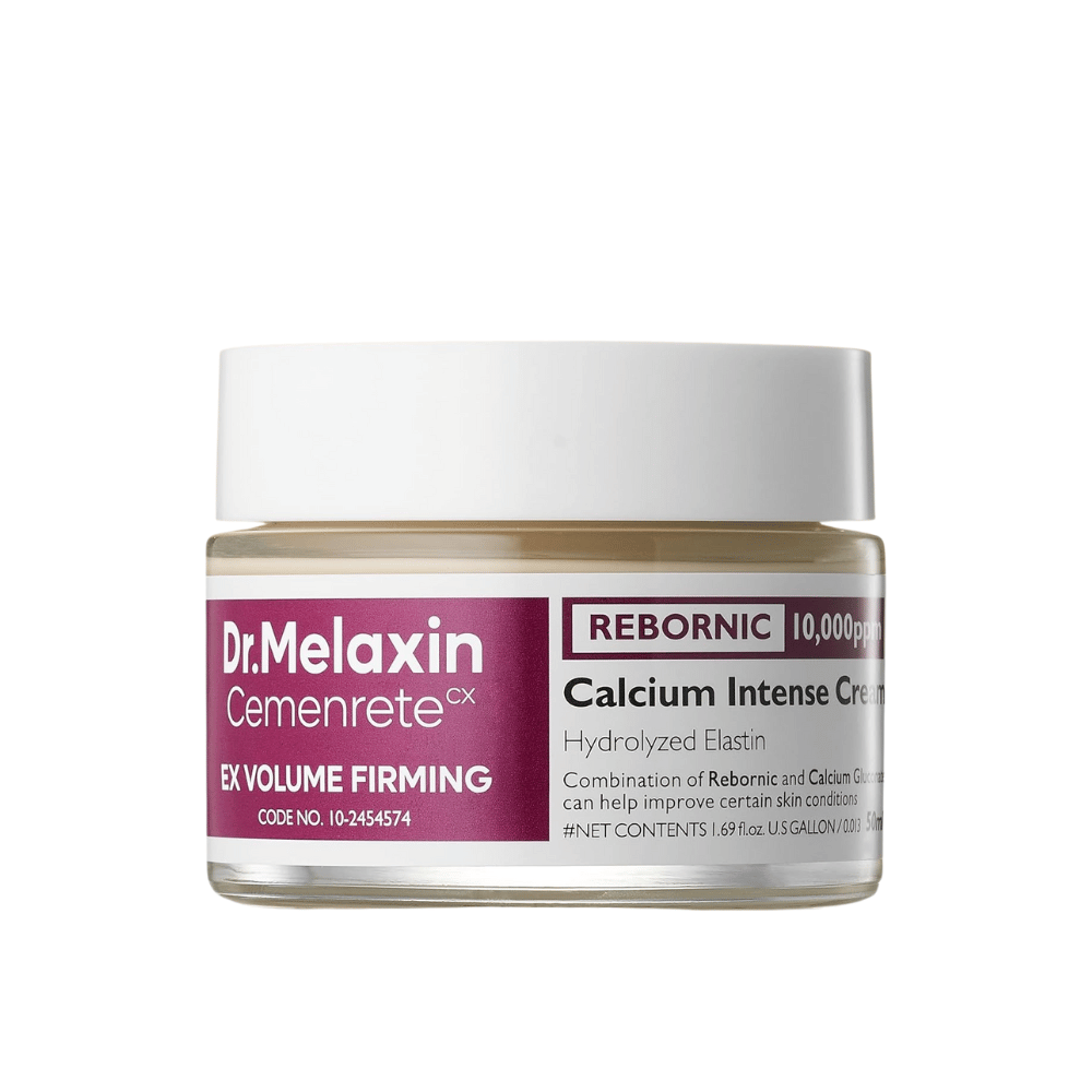 Dr.Melaxin Cemenrete Calcium Intense Cream w słoiku na białym tle, krem do twarzy z wapniem, Rebornic i hydrolizowaną elastyną dla jędrniejszej i pełniejszej skóry.