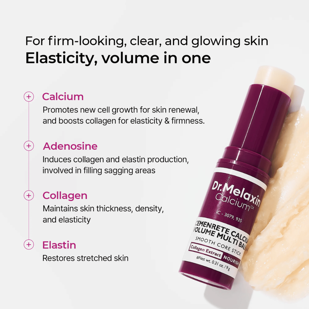 Dr. Melaxin Cemenrete Calcium Volume Multi Balm z wapniem, adeniną, kolagenem i elastyną dla zwiększonej elastyczności, jędrniejszej skóry i poprawionej struktury skóry.
