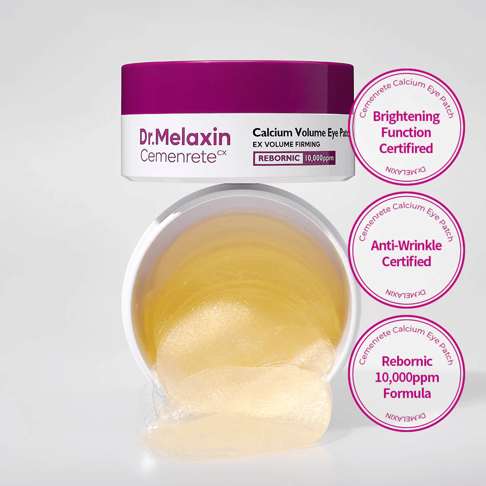 Otwarty słoik z hydrożelowymi płatkami pod oczy od Dr. Melaxin Cemenrete Calcium Volume Eye Patch z Rebornic 10 000 ppm, certyfikowany dla efektu przeciwzmarszczkowego i rozjaśniającego.