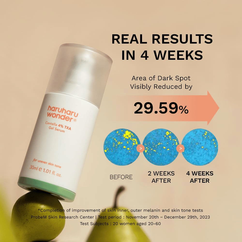 3. Haruharu Wonder Centella 4% TXA Dark Spot Go Away Serum – efekty po czterech tygodniach ze zmniejszoną widocznością ciemnych plam