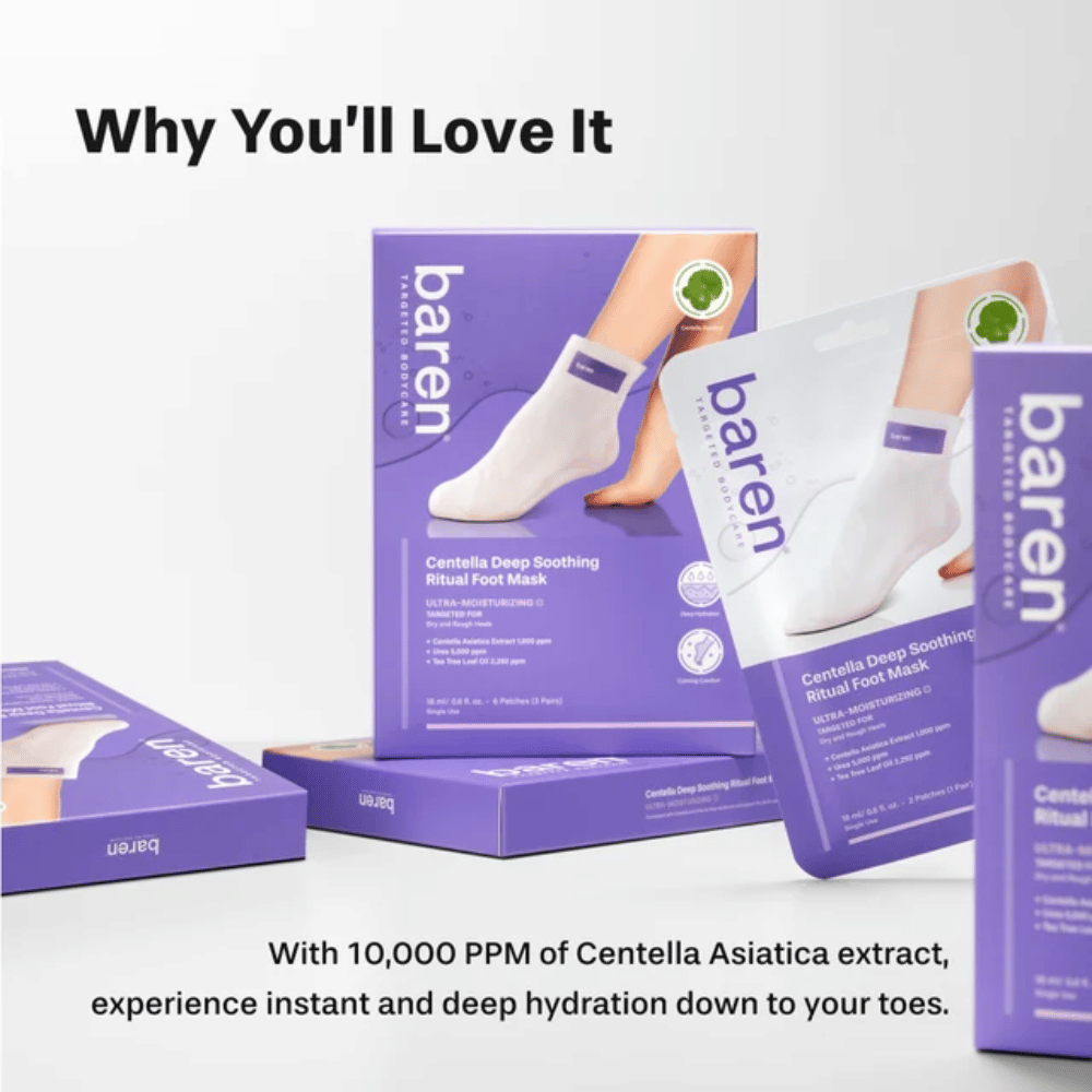 7. Baren Centella Deep Soothing Ritual Foot Mask – nawilżające maski do stóp z wąkrotą azjatycką do suchych i szorstkich pięt