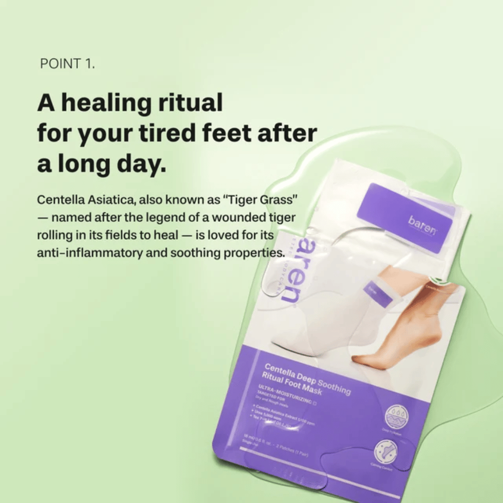 5. Baren Centella Deep Soothing Ritual Foot Mask – kojąca pielęgnacja stóp z wąkrotą azjatycką dla zmęczonych, suchych i szorstkich stóp