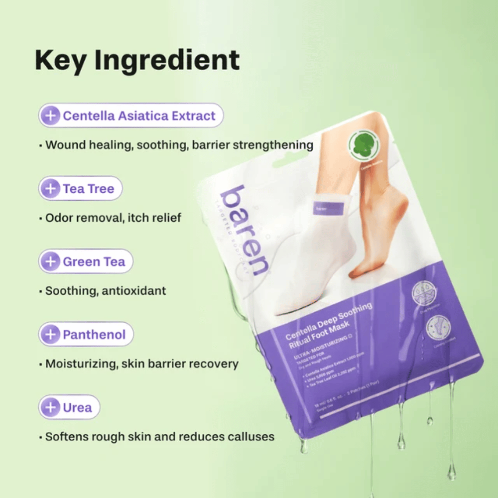 3. Baren Centella Deep Soothing Ritual Foot Mask – kluczowe składniki, takie jak wąkrota azjatycka, tea tree, zielona herbata, pantenol i mocznik