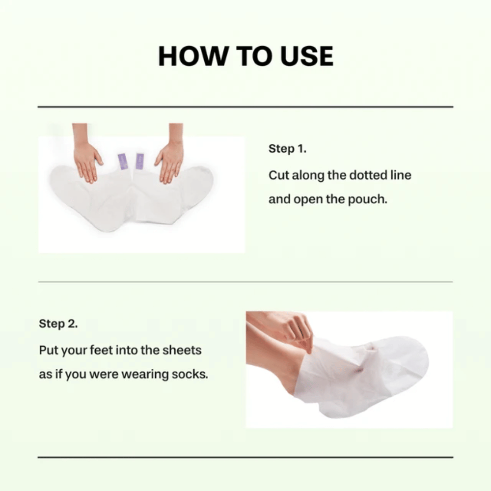 2. Baren Centella Deep Soothing Ritual Foot Mask – krok 1 i 2 pokazujące, jak otworzyć opakowanie i założyć maski do stóp jak skarpetki