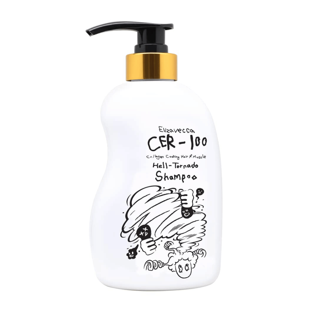Zdjęcie produktu Elizavecca CER-100 Collagen Coating Hair A+ Muscle Helltornado Shampoo na białym tle. Opakowanie jest wyraźnie widoczne wraz z butelką z pompką i charakterystyczną ilustracją wyróżniającą tę serię.