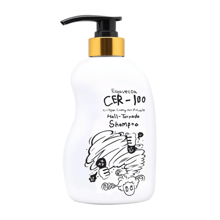 Zdjęcie produktu Elizavecca CER-100 Collagen Coating Hair A+ Muscle Helltornado Shampoo na białym tle. Opakowanie jest wyraźnie widoczne wraz z butelką z pompką i charakterystyczną ilustracją wyróżniającą tę serię.